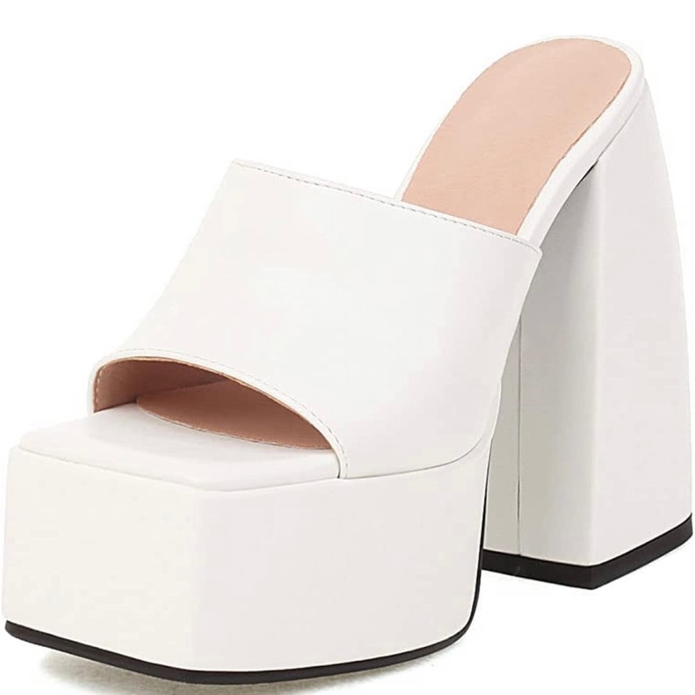 White Platform heels Sexy Square Peep Toe Slip Chunky High Heel Date Dress Pumps